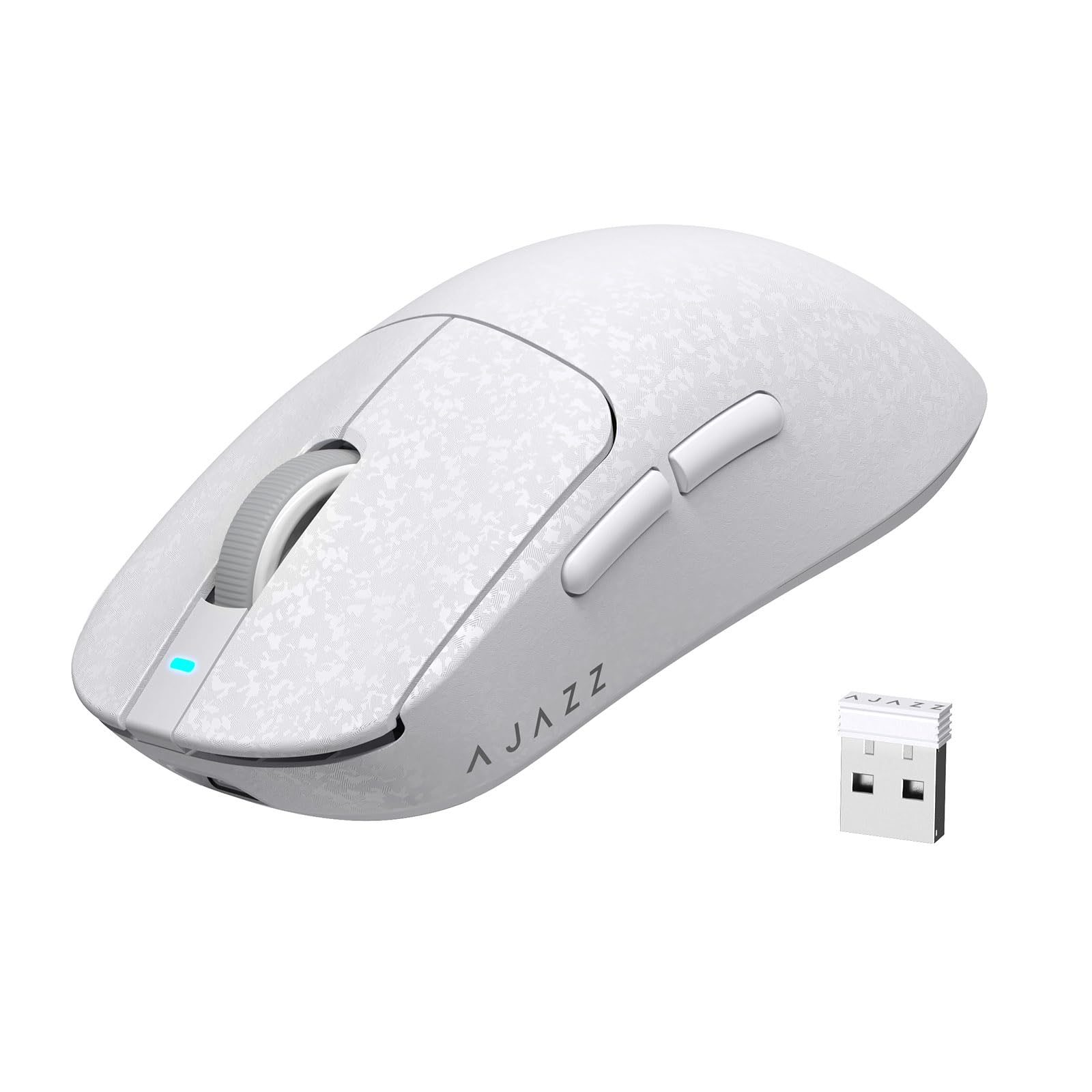 AJAZZ AJ199 Ratón Gaming de Fibra de Carbono, Wireless 2.4G/BT/USB-C Trimodo, Ultraligero 55g, Sensor óptico PixArt PAW3311 con 24000 dpi y Sondeo de 1000, Mice Gamer Oficina, PC/Mac - Blanco