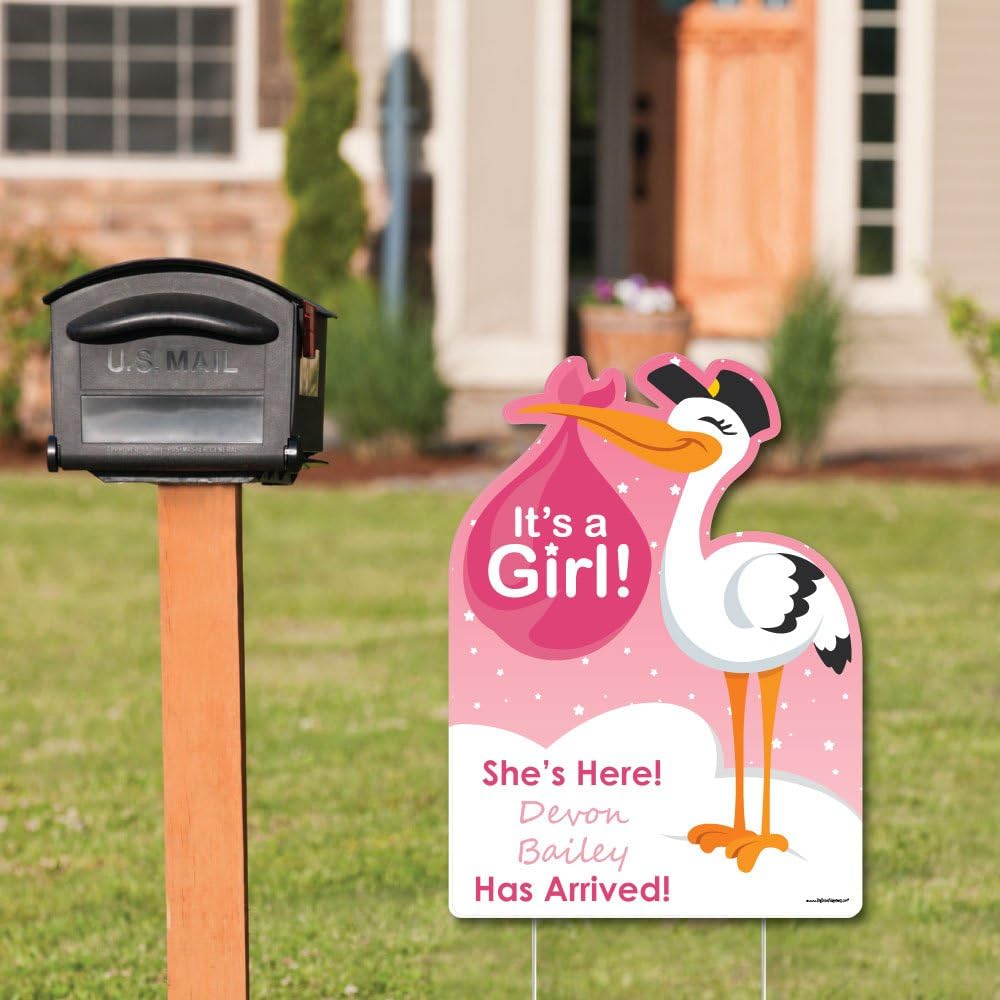 Big Dot of Happiness Custom Girl Special Delivery - Baby Arrival Sign - Pink It's A Girl Stork Personalized Baby Announcement & Welcome Yard Sign