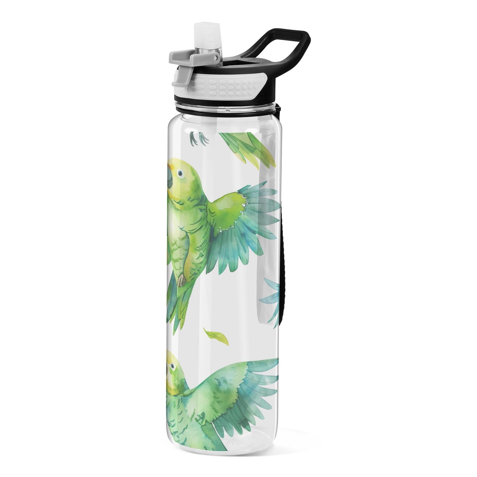 Grckit Cute Green Parrots Water Bottle 32oz Tritan BPA-free Leak-proof Sports Water Bottle with Carry Strap for Hiking Camping Gym Outdoors