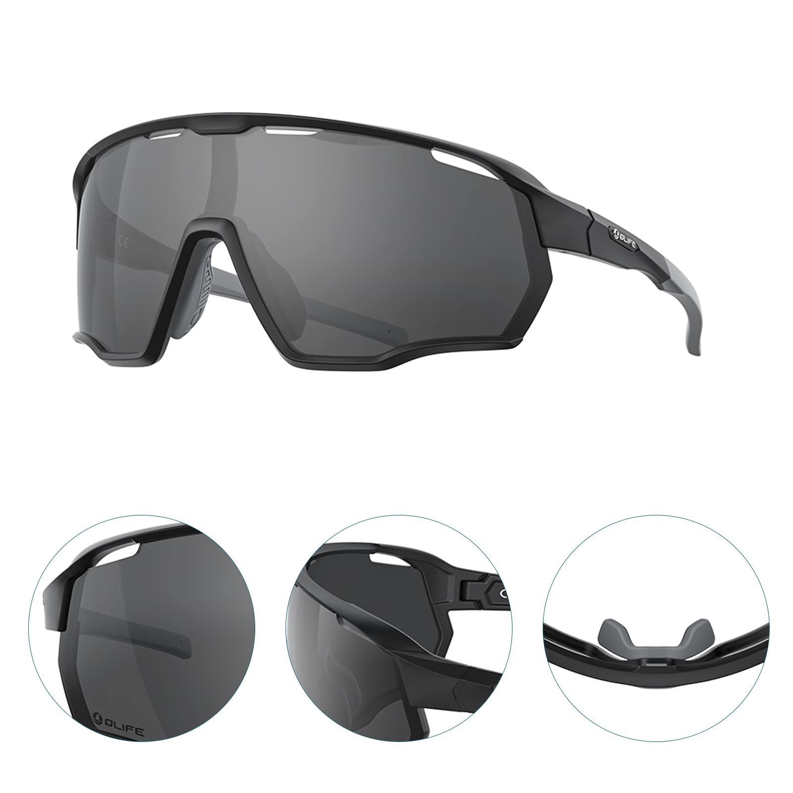 OLIFE Occhiali da Ciclismo Occhiali Sportivi Polarizzati TR90 Montatura per Uomo Donna Ciclismo MTB Occhiali da Sole per Guida/Pesca/Sci/Corsa (Nero, Grigio)