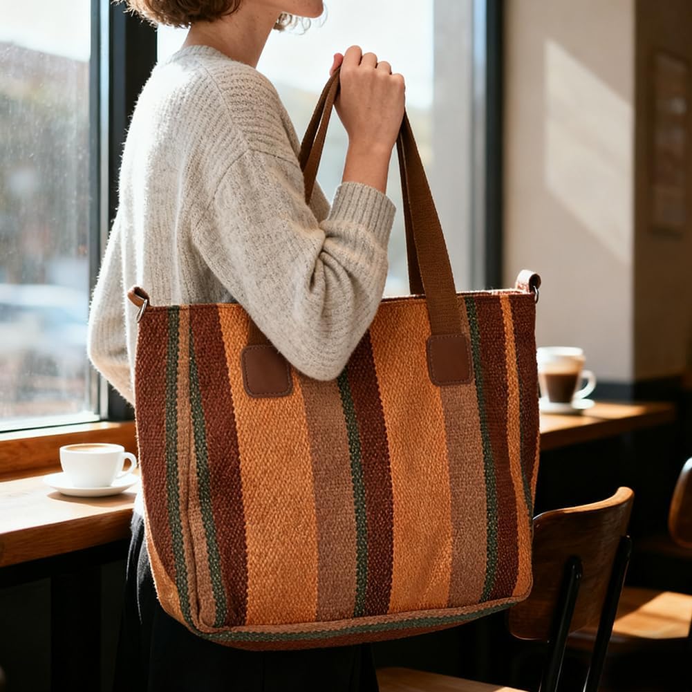 CREATCABIN Striped Canvas Tote Bag Versatile Large Capacity Reusable Beach Shopping Grocery Bag Zipper Shoulder Crossbody Pur - Image 5