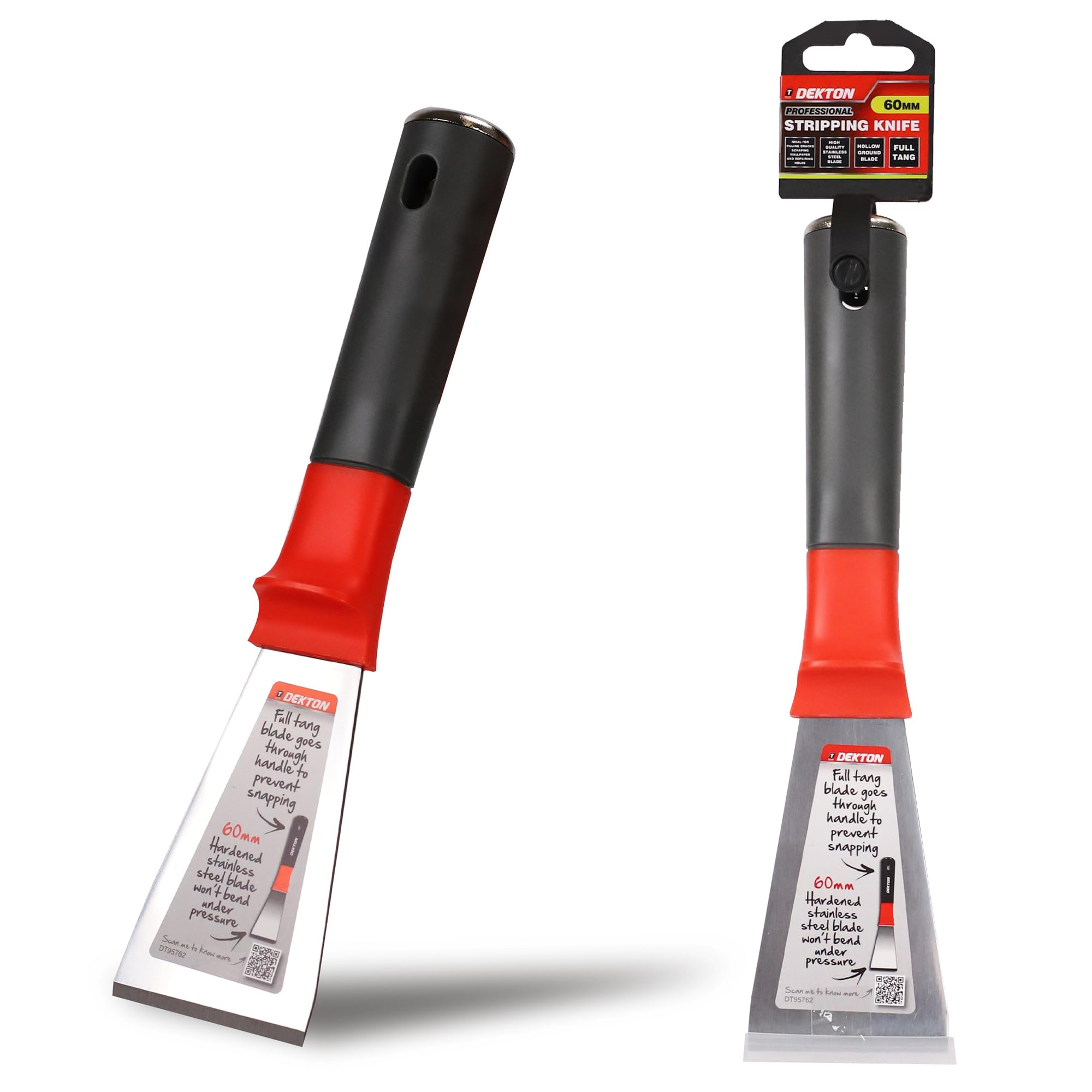 DEKTON Stripping Knife 60mm, 1.8mm - Stainless Steel Blade with Ergonomic Rubber Grip Handle for Filling Cracks, Scraping Wallpaper & Repairing Holes