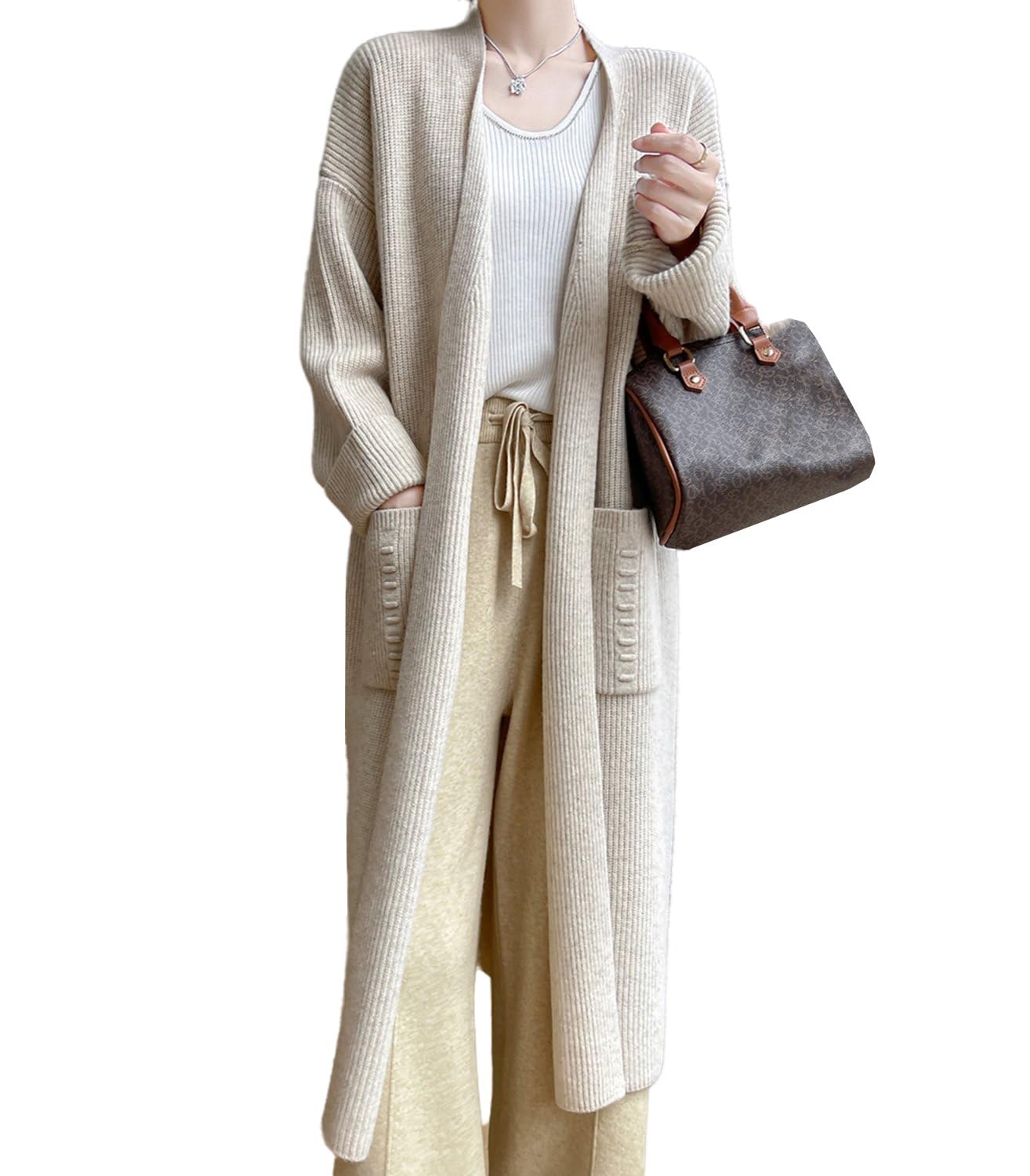 100% lana merino lavorato a maglia cardigan maglione da donna spesso cappotto lungo con tasche giacca invernale