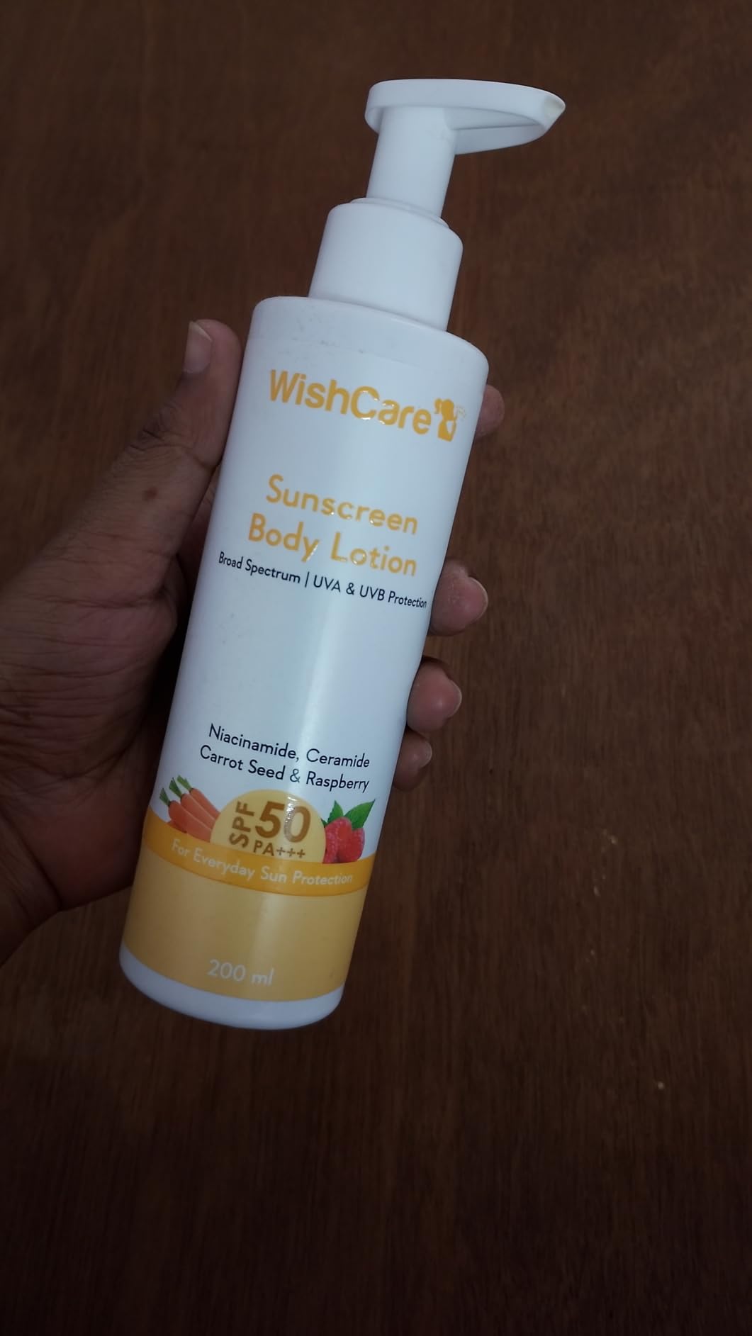 WishCare Sunscreen Body Lotion with SPF 50 PA+++ - Broad Spectrum UVA & UVB Protection, No White Cast, Enriched with Carrot Seed & Raspberry - Body Sunscreen Lotion 200ml (Indian Version)