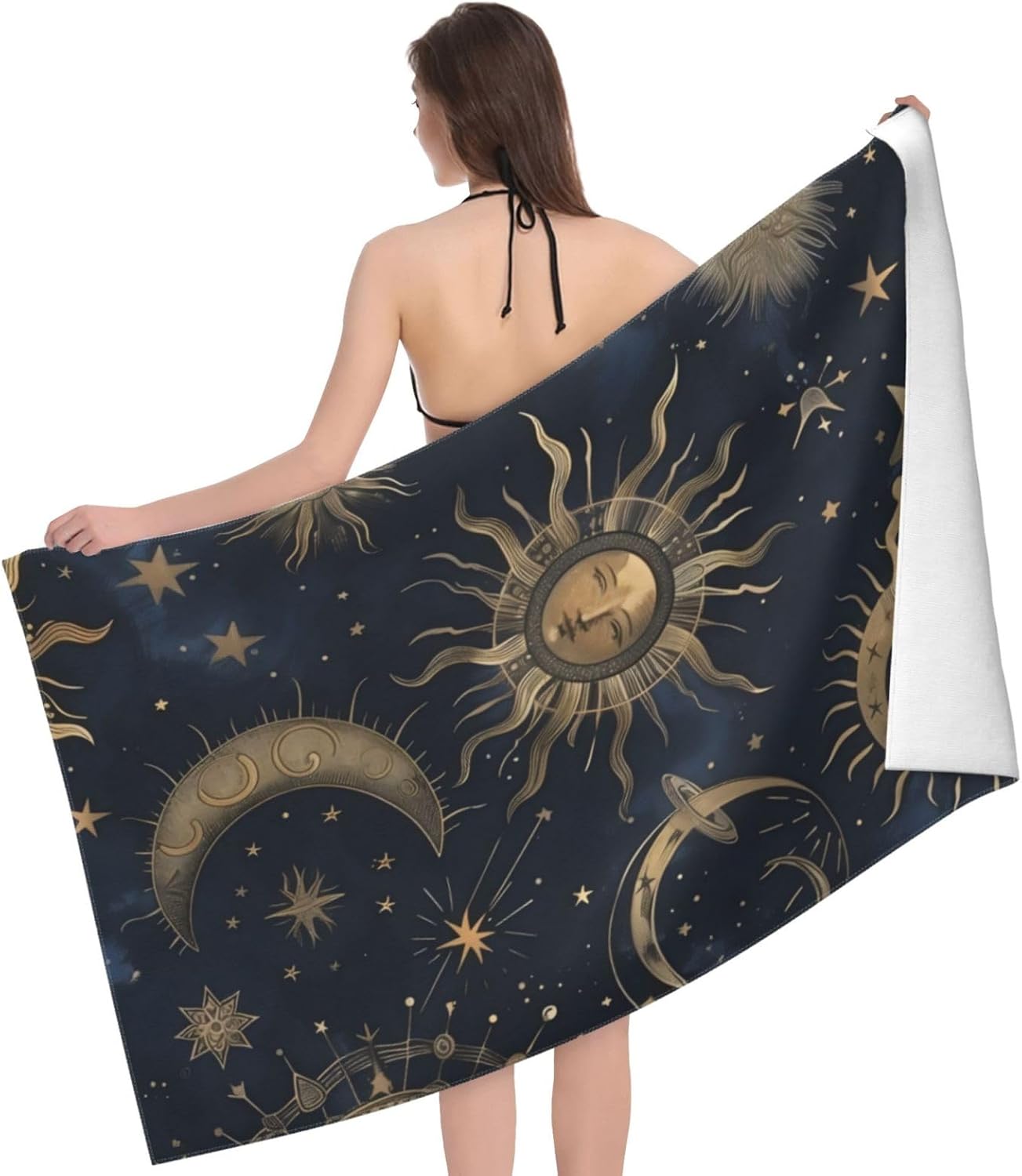 Celestial Sun and Moon Beach Towel 31inx51in, Night Sky Sand-Free Microfiber Bath Towel Ultra Soft Quick Dry Pool Towel Absorbent Towel Lightweight Towel for Swimming Bathroom Decor
