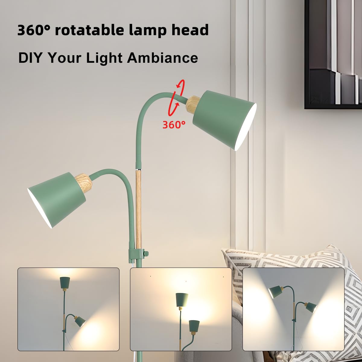 ANTENLICHT Lampada da terra YOYO con luce lettura | E27 max 60W | 2 teste orientabili 360° | Design vintage moderna in metallo per soggiorno | Altezza 159cm verde, senza lampadina