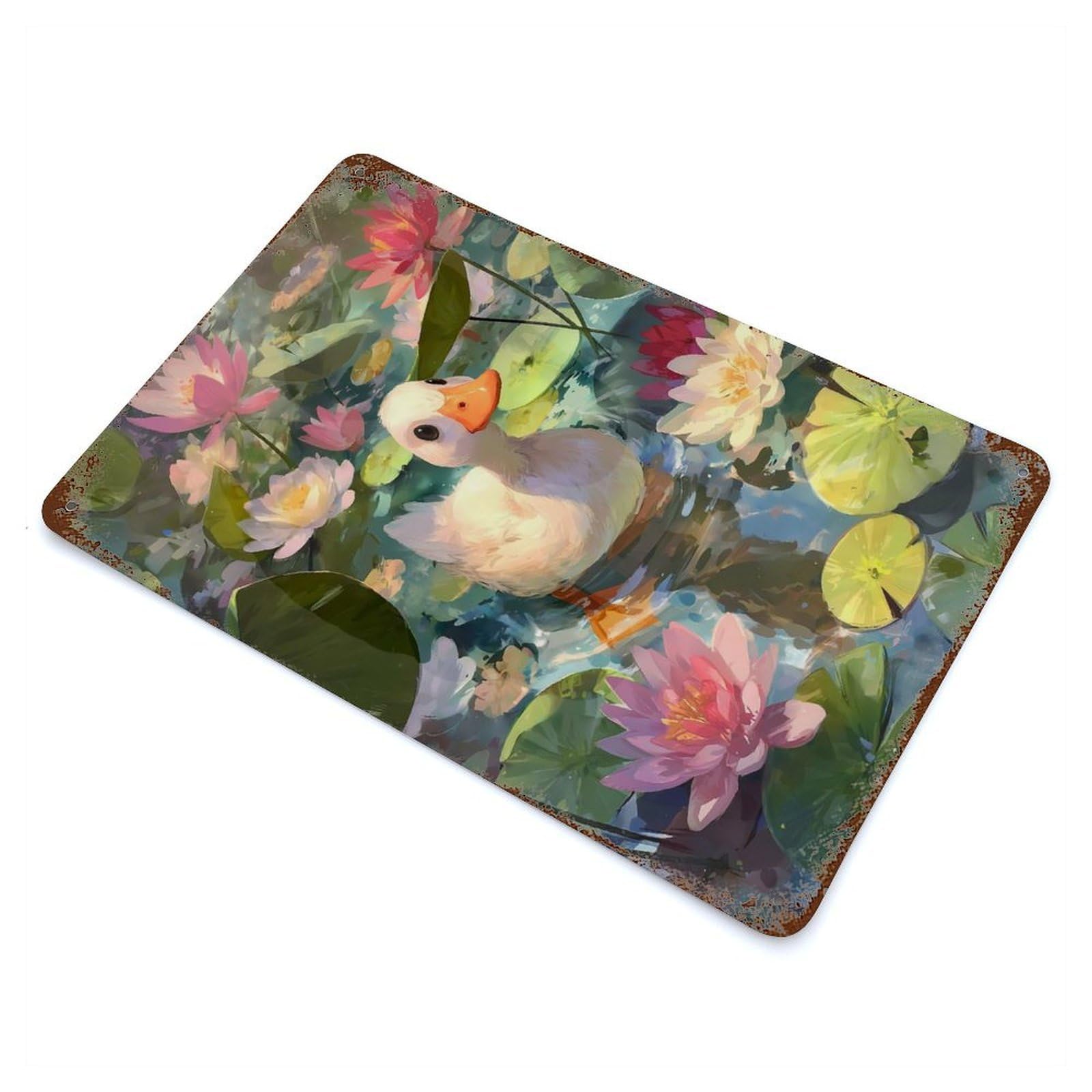 Goose in A Lily Pond Vintage Metal Tin Sign 11.8"x7.9", Old School Wall Decor for Living Room, Hallway And Home Decor