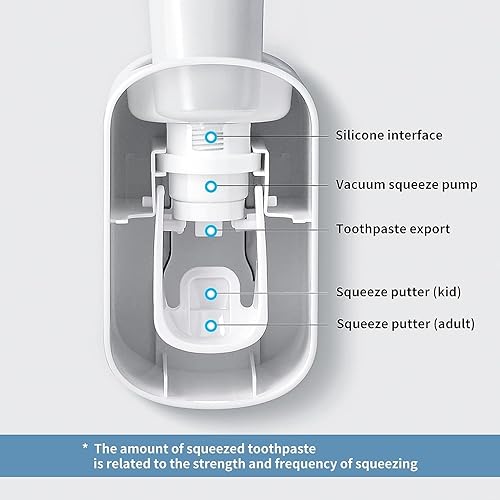 Miniatura 6 de MOPMS Dispensador de pasta de dientes montado en la pared para baño, exprimidor automático de pasta de dientes para niños y adultos (gris y negro)