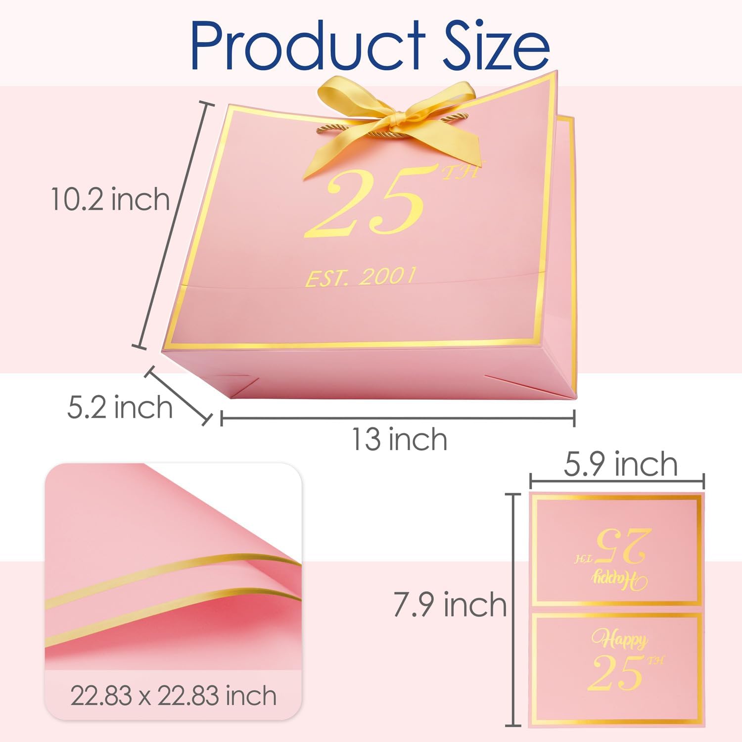 momoake 25th Birthday Gift Bag with Card and Tissue Paper for Girls/Her, 2001 25 Year Old 13" Elegant Pink Gold Anniversary Keepsake Party Present Shopping Paper Bags for 25th Birthday Decorations image 3