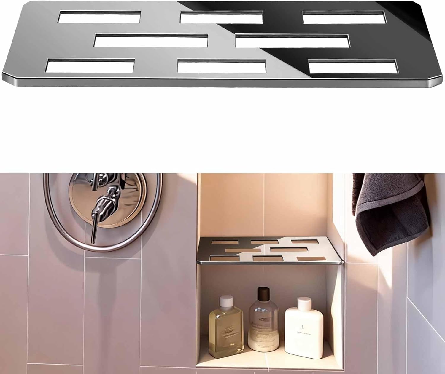 Rectangular Shelf for 12 Inch Tile Prefabricated Niches, Shower Niche Shelf with Mirror Effect 316 Stainless Steel Finish, Fits 1/8 inch Grout Lines Shower Niche Insert