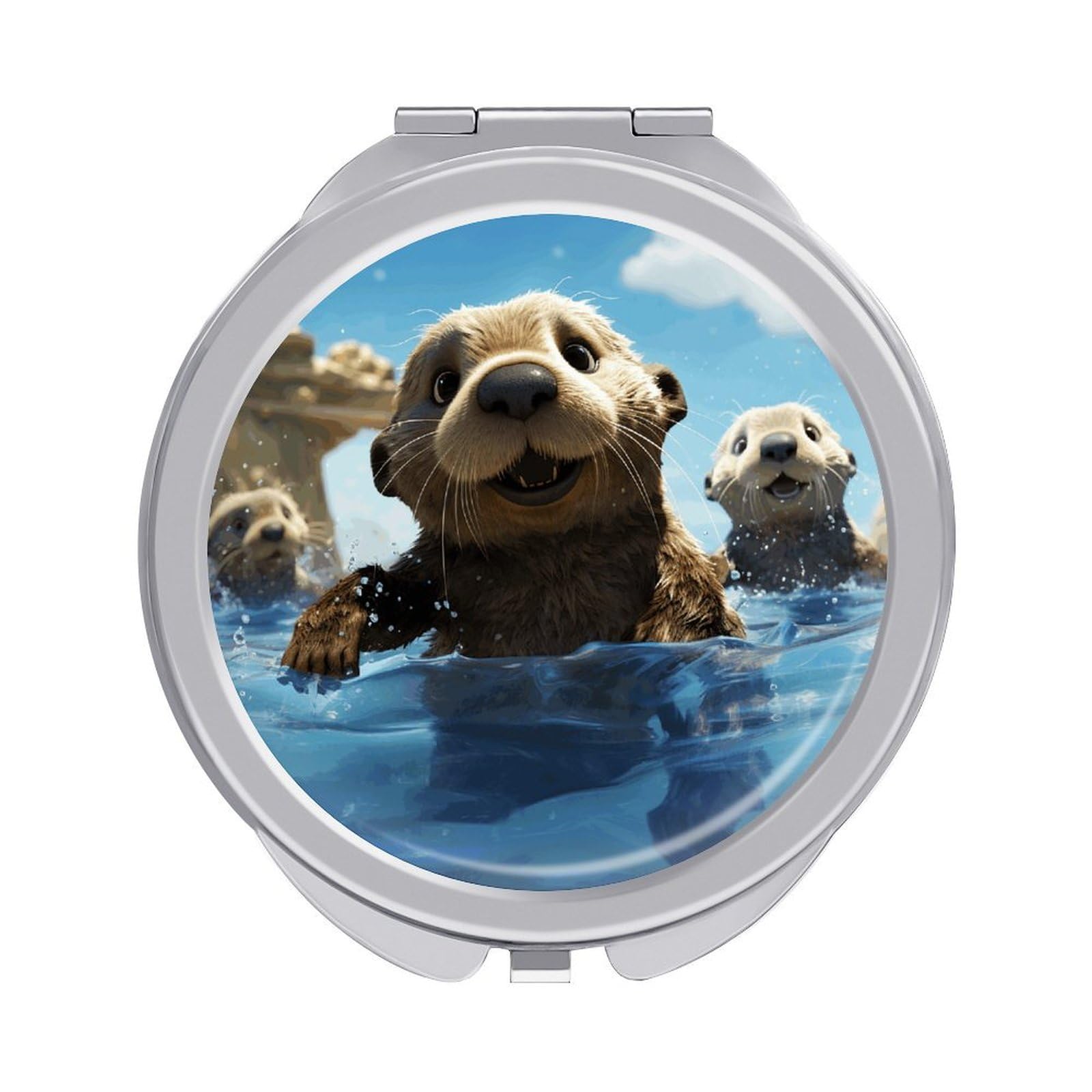 VstaDank Lovely Sea Otter Print Travel Makeup Mirrors Exquisite Double-Sided 2X/1X Magnifying Folding Pocket Mirror Portable Round Handheld Mirror Mini Compact Mirrors for Outdoor Home