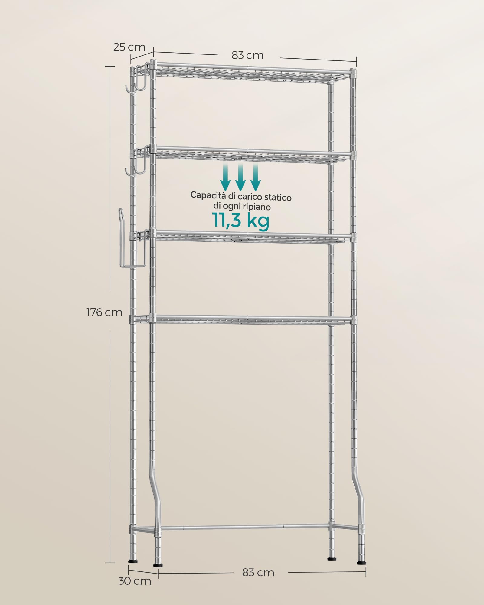 SONGMICS Scaffale sopra WC a 4 Ripiani, Scaffale da Bagno in Metallo, Ripiani Regolabili, con 4 Ganci e Portarotolo, Salvaspazio, 30 x 83 x 176 cm, Grigio Tortora BTS023G01