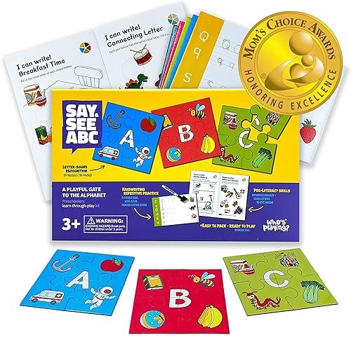 Who’s Playing? Say & See ABC Preschool Learning Activities Kit (Mom’s Choice Award Winner) Alphabet Puzzles, Tracing Letters, Workbook, Phonics Game for Kids Ages 3-5, Kindergartners, Homeschool