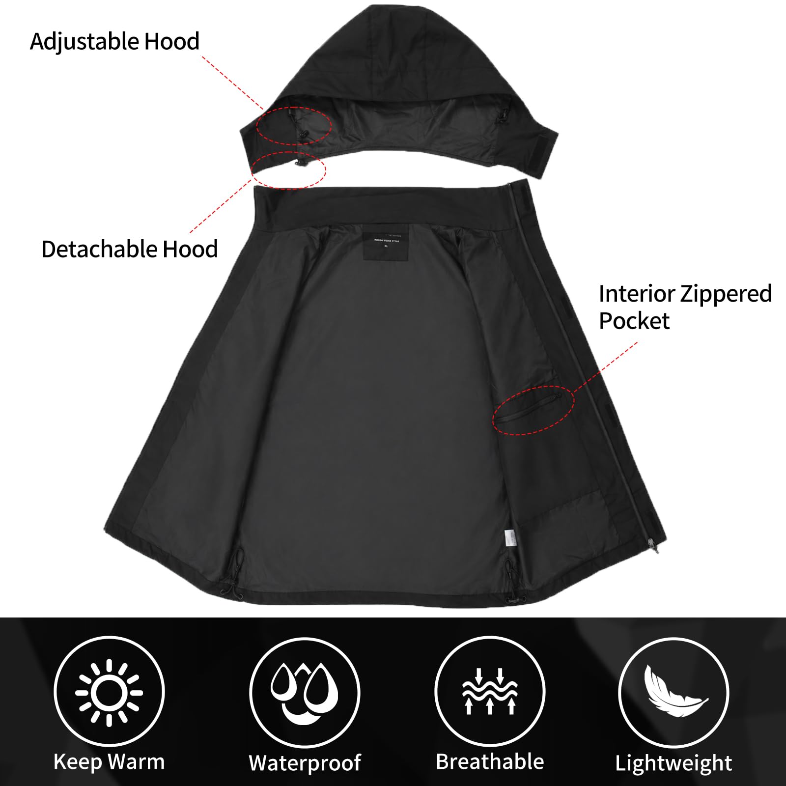 Regenjacke Herren Wasserdicht Atmungsaktiv Regenmantel Herren Wasserdicht Outdoorjacke Windbreaker mit Abnehmbarer Kapuze Leichte Regenjacke Herren für Wandern Reisen