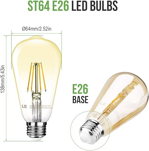 Miniatura 4 de LE ST64 E26 - Bombillas LED Edison vintage, regulables, 4 W, 350 lm, equivalente a incandescente de 40 W, ángulo de haz ancho, paquete de 6