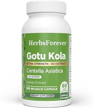 Herbsforever Gotu Kola Centella Asiatica-Extra Strength101 Extract Equiv. to 4300 mg Leaves & Plant Powder Per Serving Support Cognitive,Memory Focus,Calm,Skin |60Veg Capsules|800mg|Adaptogen