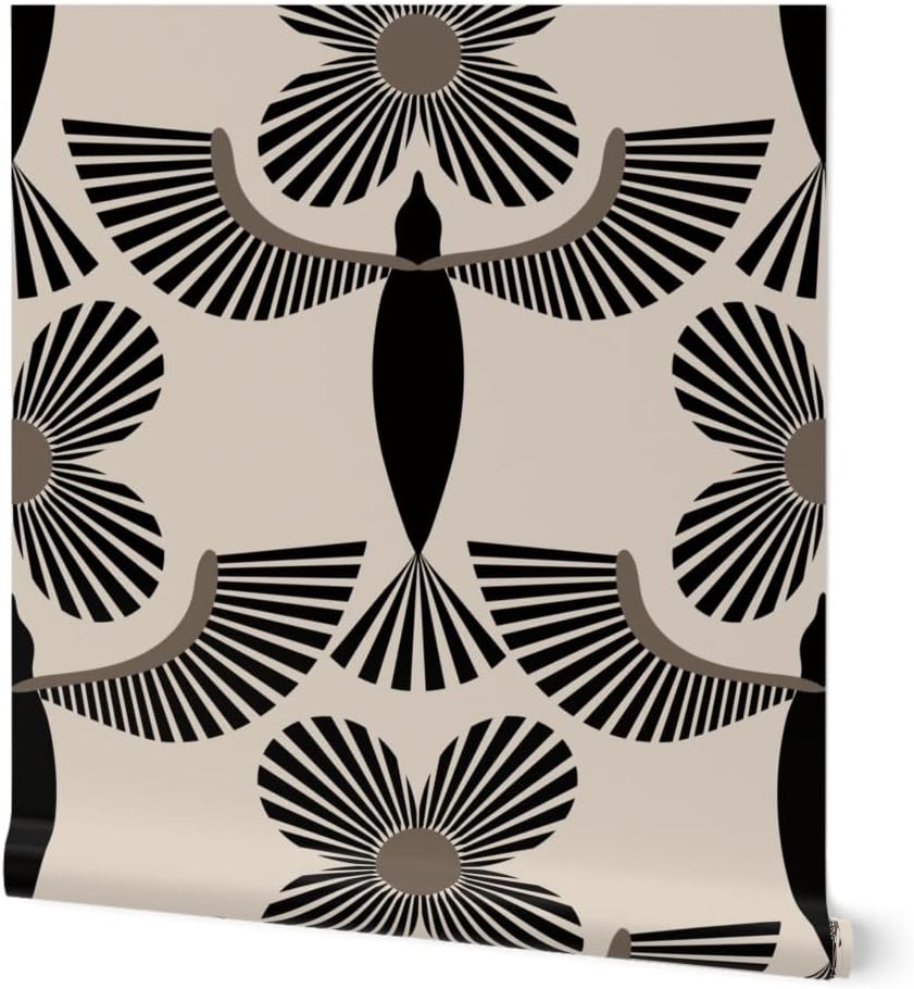 Spoonflower Removable Wallpaper 6ft x 2ft - Bold Birds Minimal Color Black Cream Flowers Egyptian Mod Custom Pre-Pasted Wallpaper