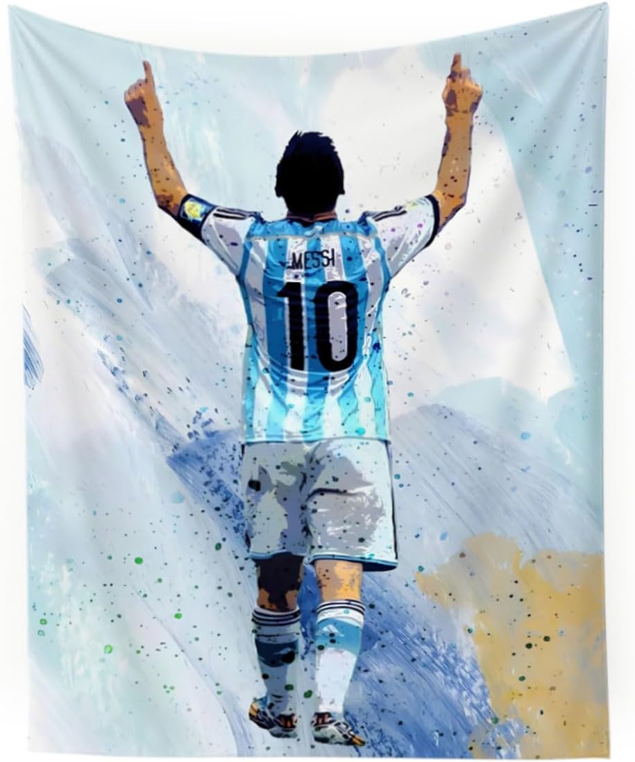 NASKY Lionel Messi World Cup Soccer Superstar Wall Tapestry: HD Fade-Resistant Polyester with 4 Corner Grommets - Hanging Poster for Boys’ Bedroom & Fan Decor, 35.4 x 47.2 Inches (White)