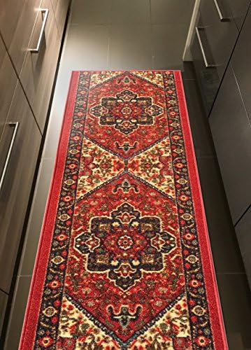 Kapaqua Rubber Backed 22" x 48" Red Persian Medallion Small Runner Non-Slip Rug - Rana Collection Kitchen Dining Living Hallway Bathroom Pet Entry Rugs RAN2090-24