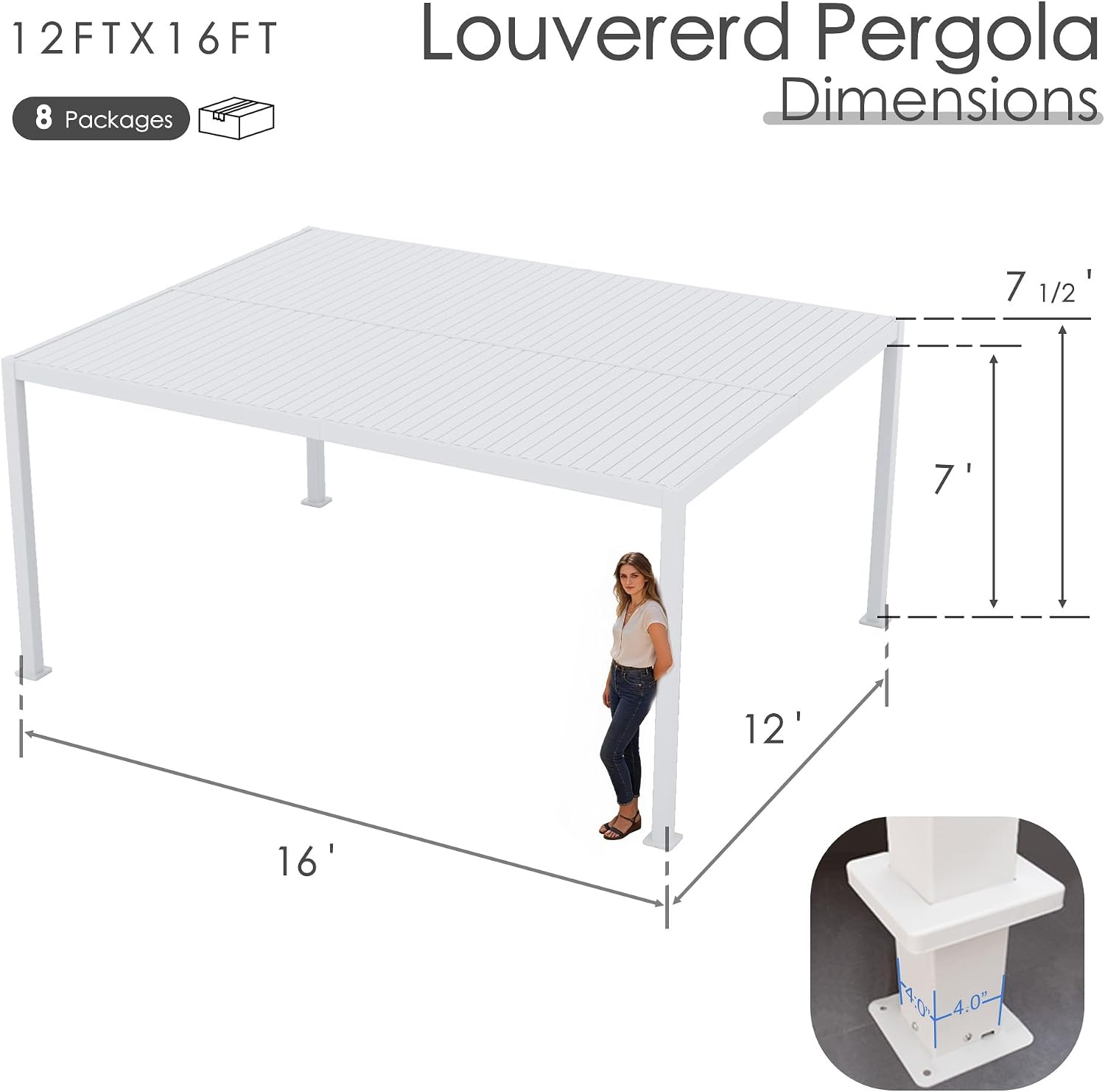 Kozyard Outdoor Louvered Pergola 12' x 16' Pergola Sun Shade All-Weather Aluminum Packing Shelter with Drainage System Adjustable Roof Waterproof for Poolside Balcony Patio Garden Yard White