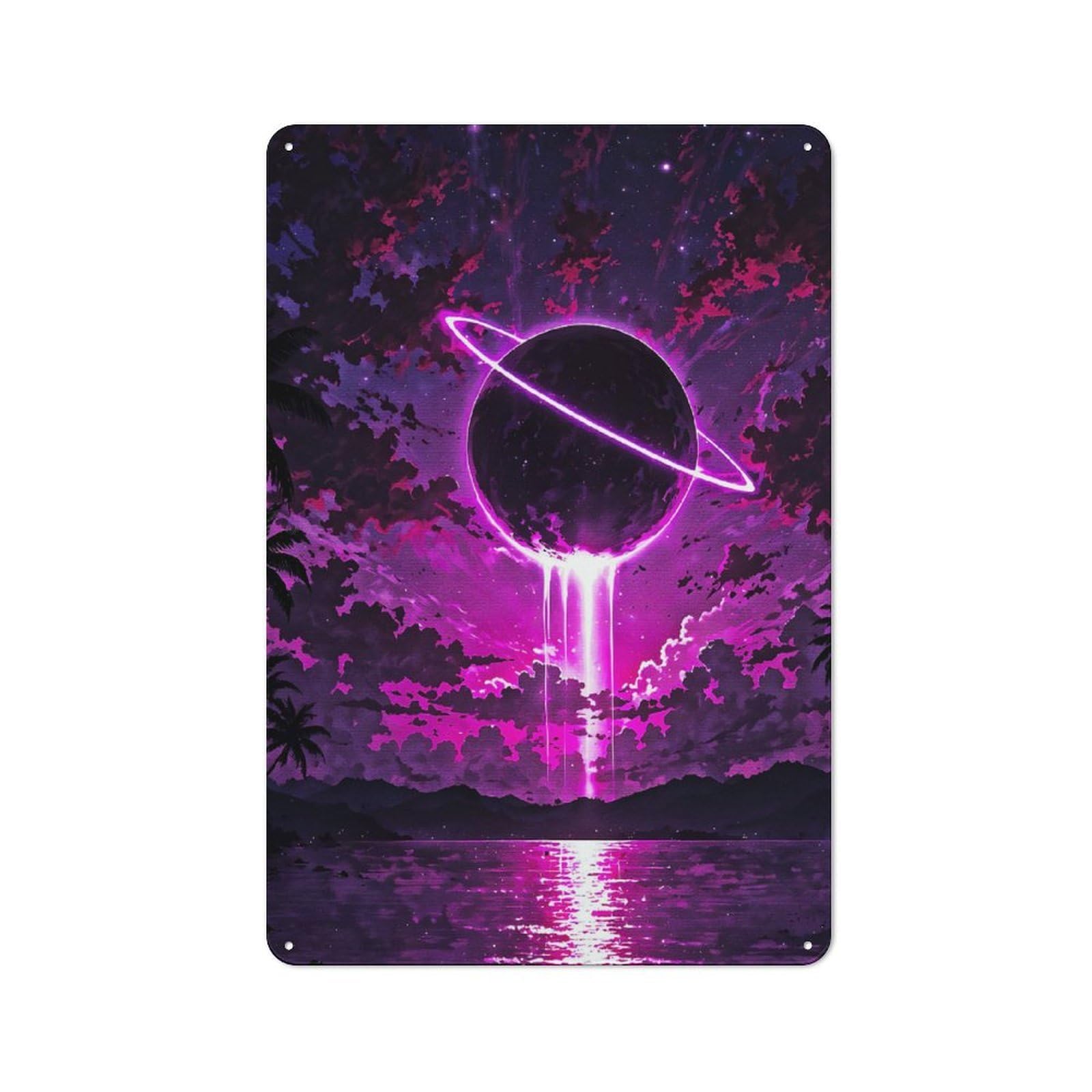 Junmoney Style-24 Metal Plaque With Neon Planet Landscape Design 30X20cm, Country Style Cafe Wall Decor For Bakery, Diner, Cafe Or Family Room