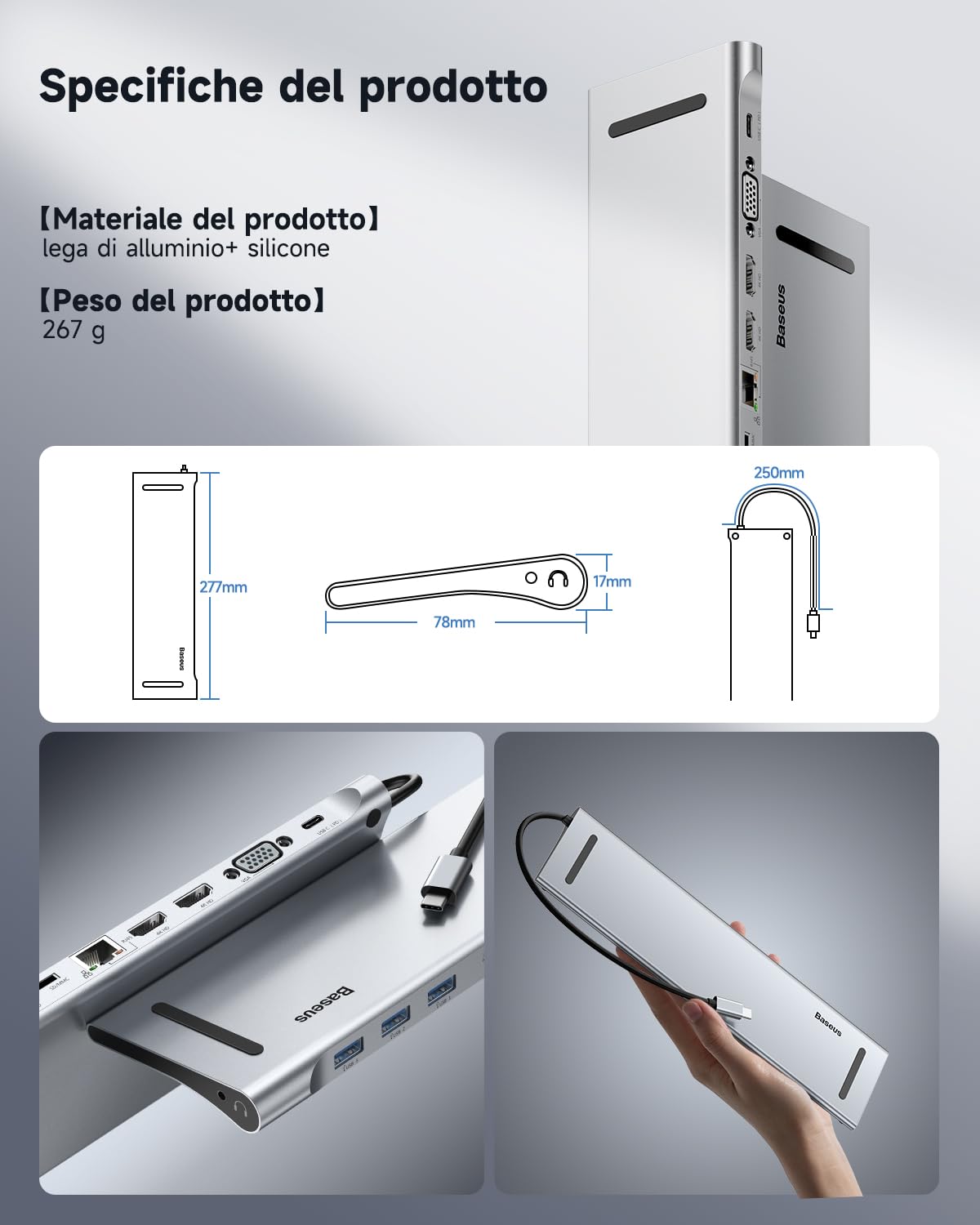 Baseus Docking Station 11 in 1 USB C, Hub USB C con triplo display con 2x HDMI 4K, 3x USB 3.0, Alimentatore di tipo C, VGA, Lettore di schede SD/TF, Ethernet, Audio da 3,5 mm, per MacBook Pro/Air