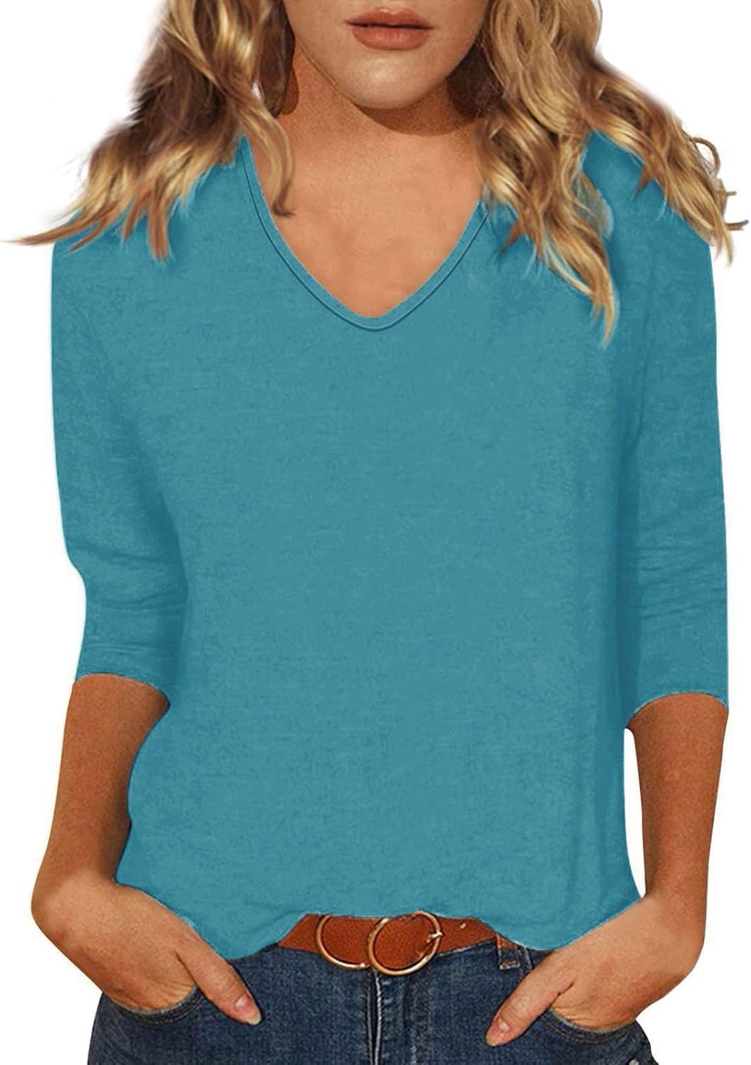 Blouses for Women Casual V Neck 3/4 Length Sleeve Shirts Summer Tops Quarter Sleeve Trendy Tunic Shirts