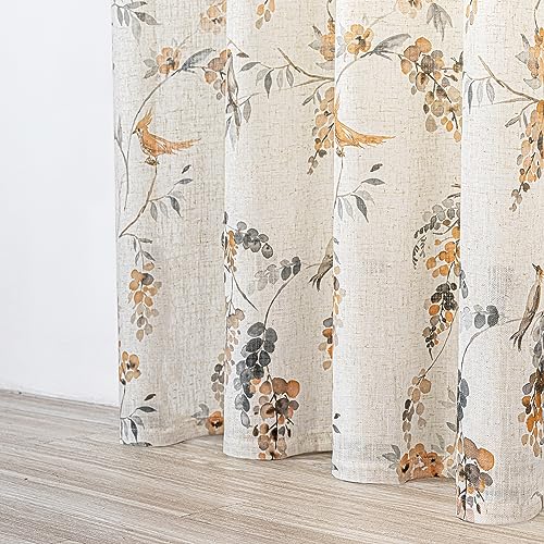 Image of MYSKY HOME Living Room Curtains & Drapes Semi Sheer Linen Look Window Curtains 95 inches Long Light Filtering Privacy Protect Bird Pattern Decoration Texture Soft Touch, 52 inch x 95 inch, Orange, 2 Panels