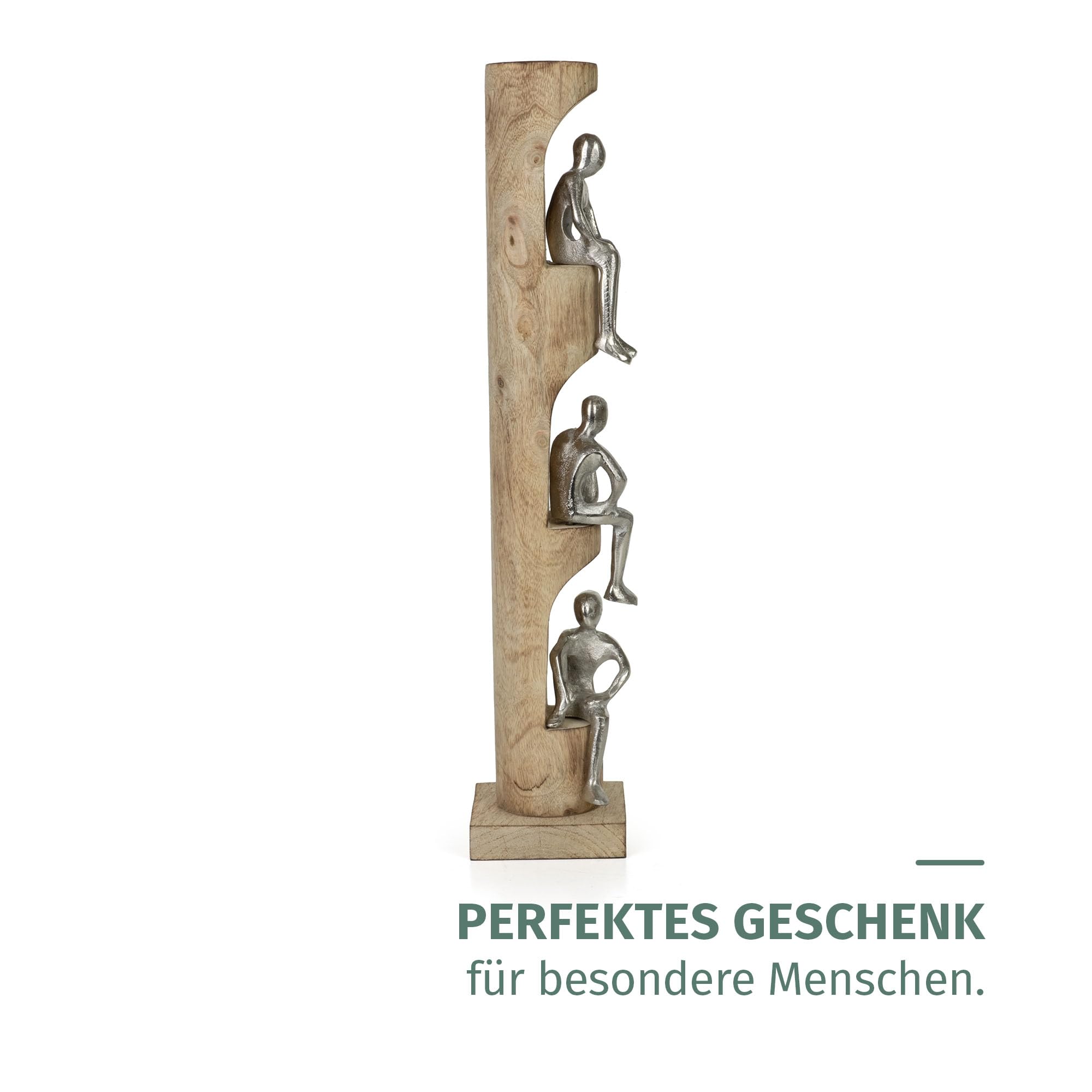Figurka dekoracyjna Perspective srebrna 50 cm z drewna mango i aluminium nowoczesna rzeźba z trzema siedzącymi figurkami, symbol refleksji, spokoju, rękodzieła, dekoracja, obiekt artystyczny, pomysł