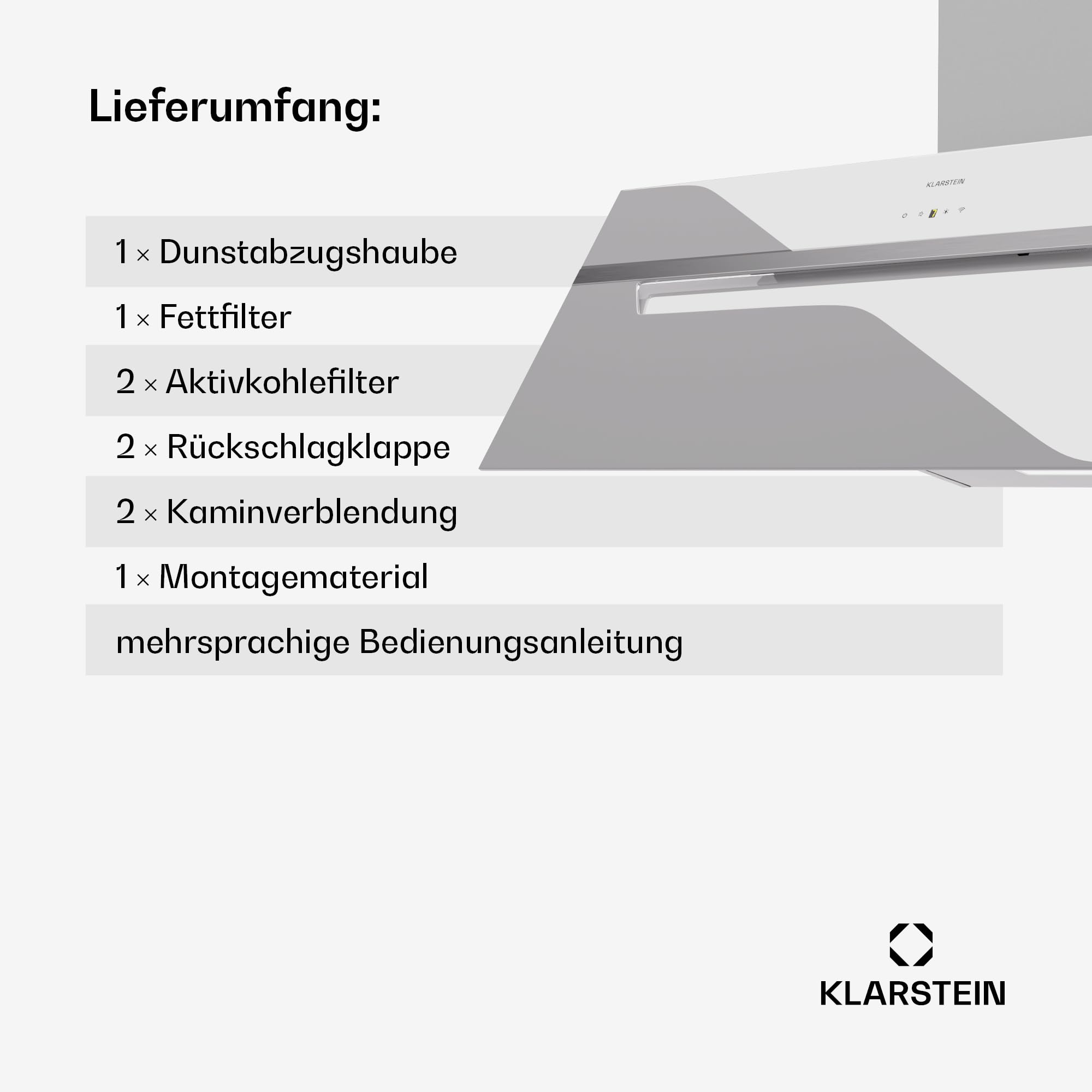 Klarstein BigBite Kopffreihaube 90 cm – Abzugshaube mit Touch-Bedienung, 417 m³/h Boost, LED-Beleuchtung, A+++ Energieeffizienz, Umluft & Abluft, Glasdesign, leise, dunstabzugshaube, Weiß