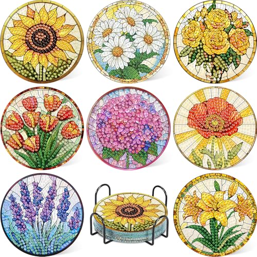 8 Pcs Flower Diamond Art Coasters Kit for Adults Flowers Diamond Painting Coasters with Holder 5D Gem Art DIY Crafts Diamond Dots for Gift Life