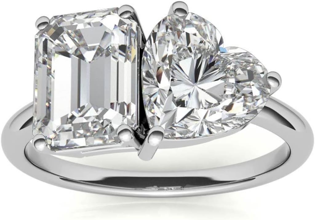 Toi Et Moi Moissanite Engagement Ring For Women Emerald & Heart Shape Moissanite Wedding Ring For Her Sterling Silver Antique Two Stone Vintage Anniversary Promise Gift For Her