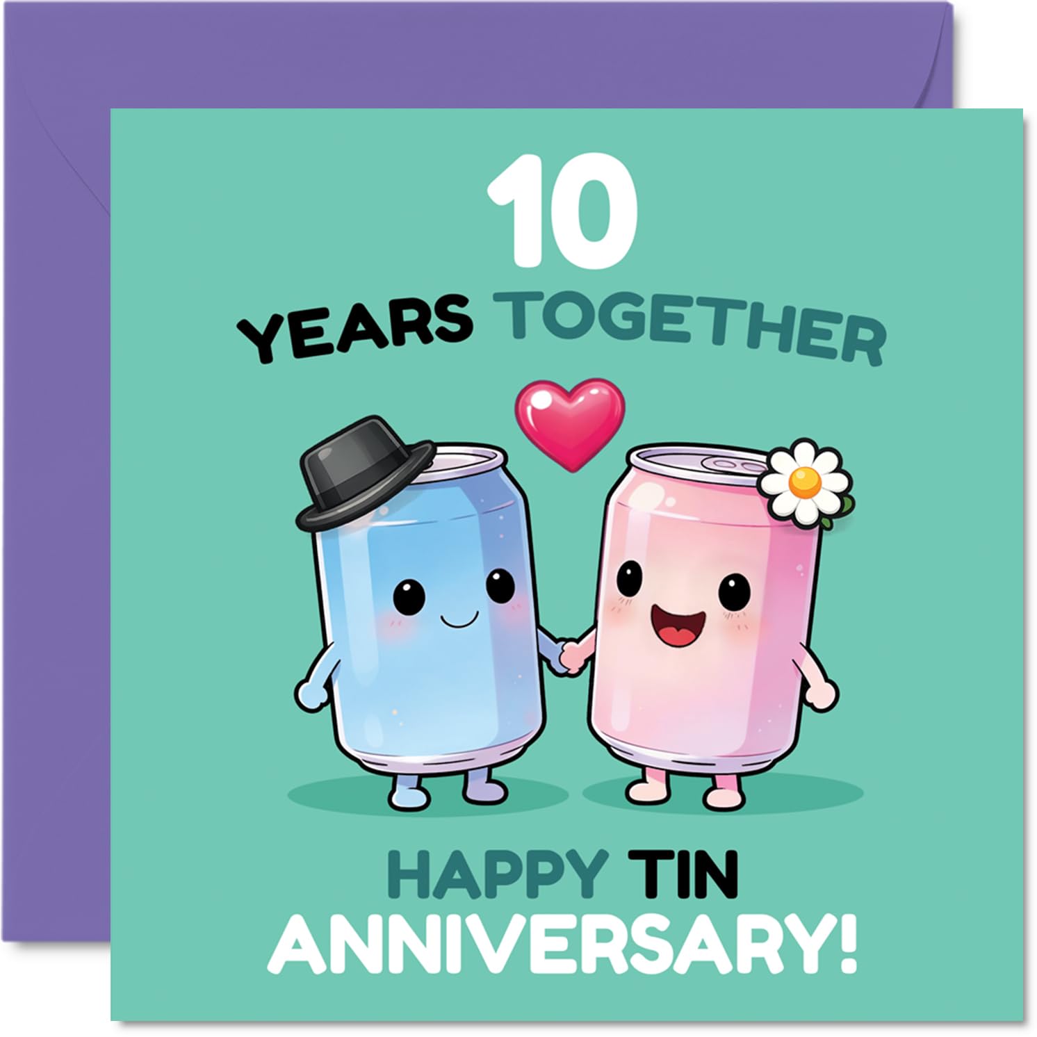 Playful 10th Anniversary Card - Cheers to a Decade of Laughs - Quirky Cartoon Tin Cans Hand in Hand - Bright Colours and a Punny Twist - 145mm Square, Envelope Included