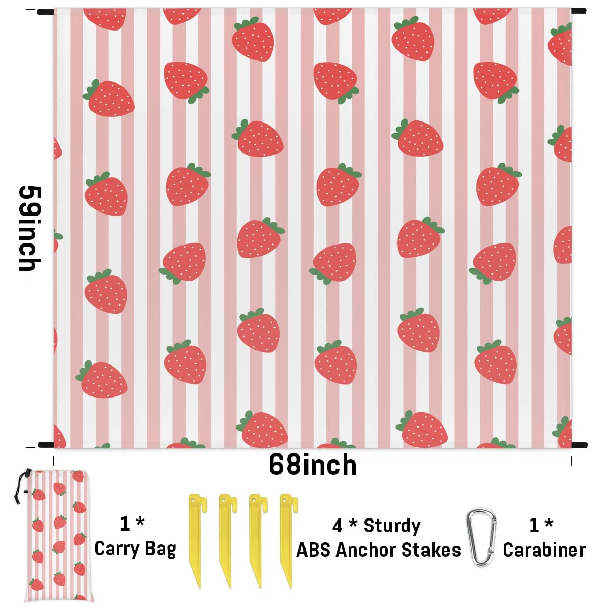 Eativisa Strawberry Strip Lightweight Beach Blanket Waterproof Sandproof 59