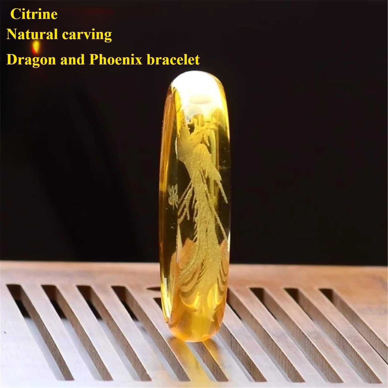 Yellow Crystal Dragon Phoenix Bracelet for Women Natural Engraved Fixed Size Bangle Handmade Chinese Zodiac Feng Shui Healing Crystals Gift Jewelry