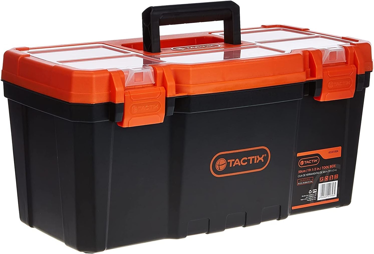 Tactix 19.5 Inches Plastic Tool Box With Lift Out Carry Tray, Lid Compartments, Durable, For Craft Storage, Household, Dimensions: 50W x 26D x 24H cm, Black/Orange- 320100A