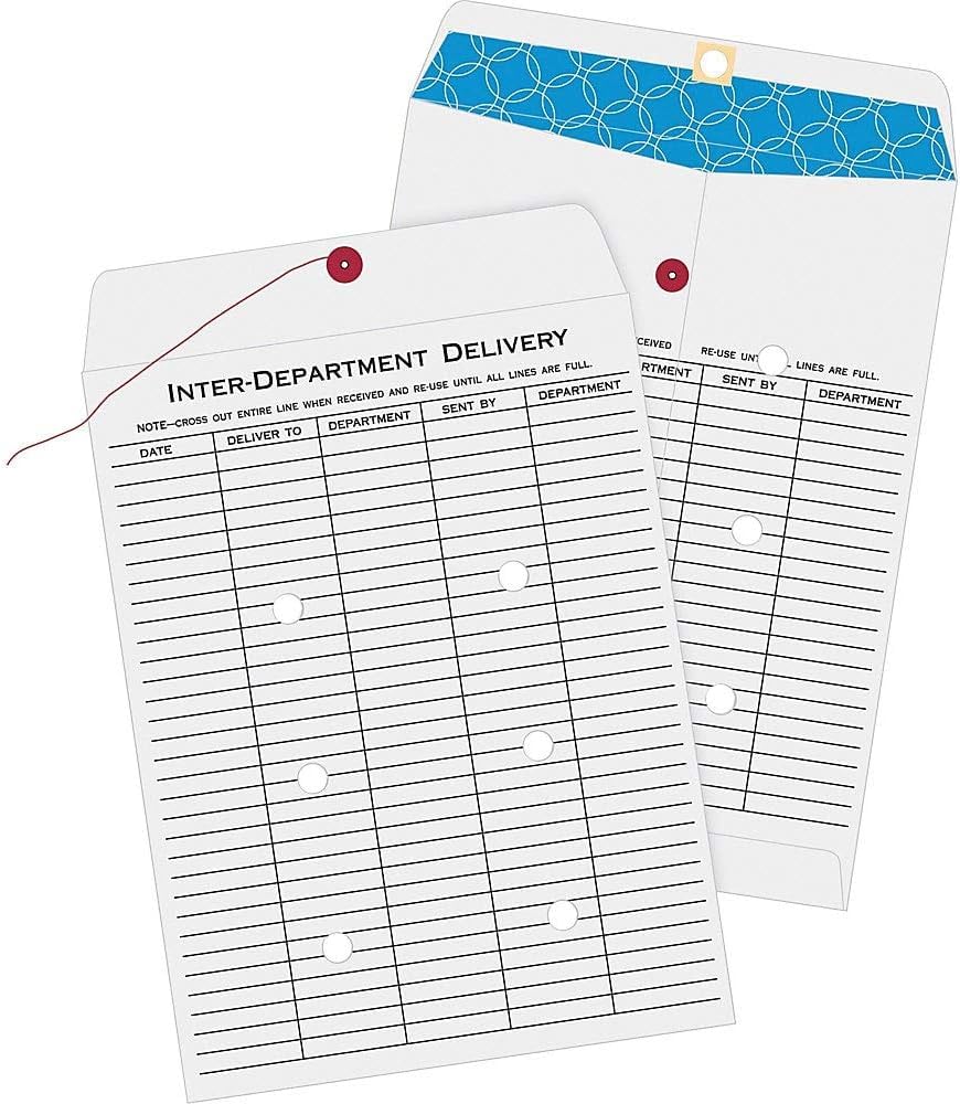 Inter-Office Envelopes, Inter-Department Envelopes, 10" x 13", String & Button Tie, Double Sidded, WHITE – 5 Envelopes/Pack