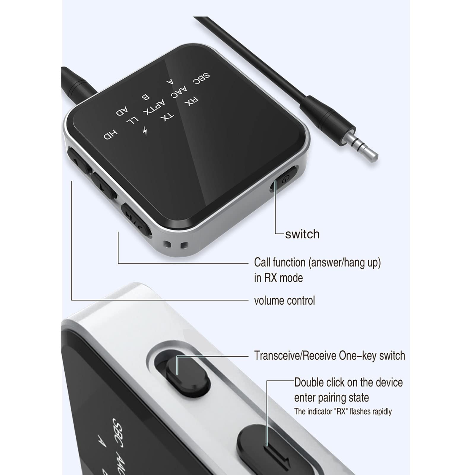 Transmetteur et Récepteur Bluetooth 5.2, Adaptateur Bluetooth sans Fil 2 en 1, Adaptateur Audio Bluetooth APTX à Faible Latence avec Interface AUX 3,5 Mm pour TV, PC, Système Stéréo Domestique