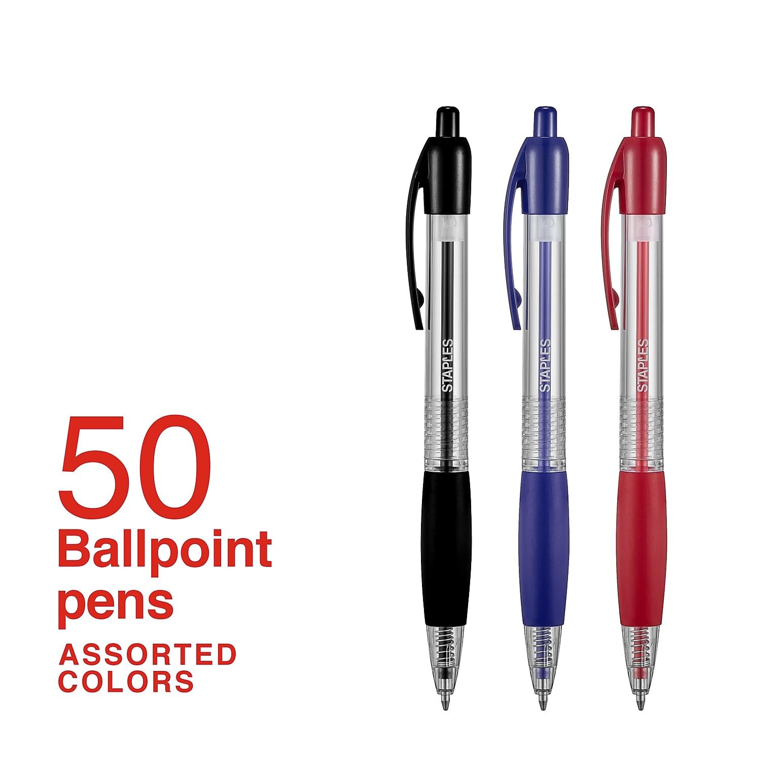 Staples Druckkugelschreiber, 1,0 mm Spitze, 50 Stück verschiedene Farben – 20 Schwarz, 20 blau & 10 rot