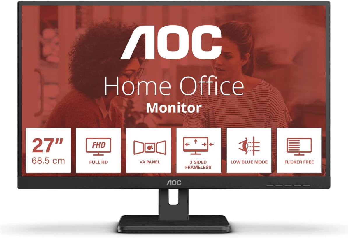 AOC 27E3UM - Monitor Full HD da 27 pollici, AdaptiveSync, altoparlanti (1920x1080, 75 Hz, DisplayPort, HDMI, VGA, hub USB), colore nero AOC 27E3UM - Monitor Full HD da 27 pollici, AdaptiveSync, altoparlanti (1920x1080, 75 Hz, DisplayPort, HDMI, VGA, hub USB), colore nero