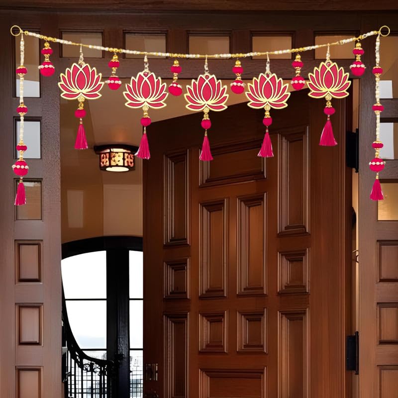 Image of Lotus Pink Jhumki Toran for Door Entrance,Toran for Main Door,Mandir, Diwali Festival Decor,Diwali Ganesh Pooja New Year Inauguration Wedding Festival Home Decor