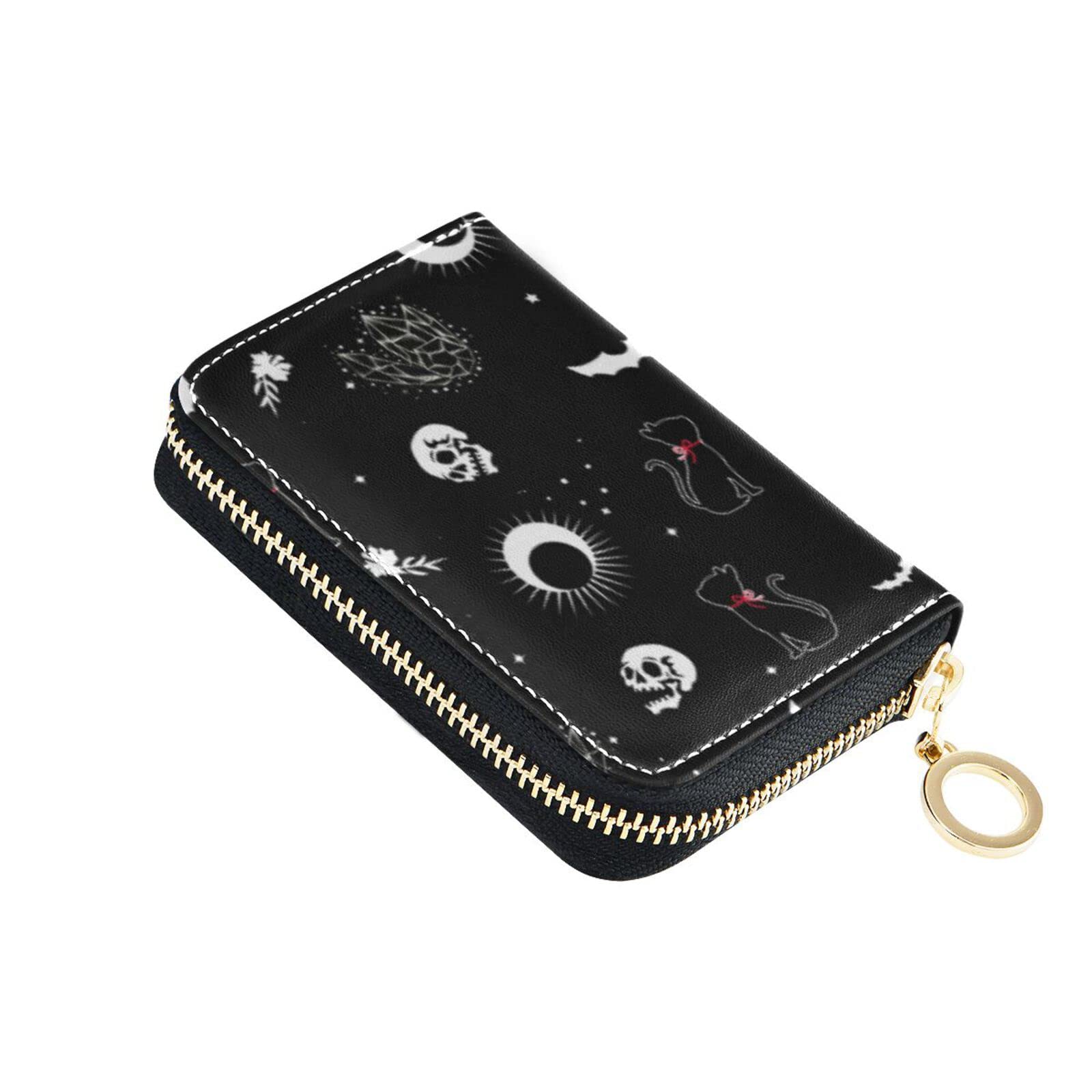 NCRJCZQL Skull Cat Moon Gothic RFID Credit Card Holder Wallets Accordion for Women Leather Zipper Card Case Accordion Wallet for Ladies Girls
