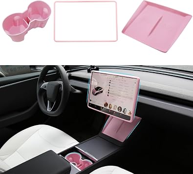 TOPABYTE 3PC Center Console Accessories for Tesla New Model Y Model 3, Pink | Cup Holder Insert, Screen Edge Protector Frame, Wireless Charger Mat Silicone Model Y Juniper 2026 2025 Model 3 Highland 2024