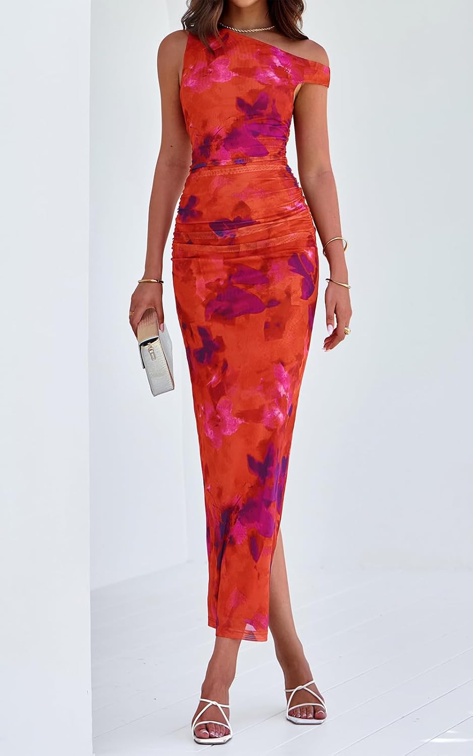 PRETTYGARDEN Women's 2026 Summer Floral One Shoulder Maxi Dress Wedding Guest Ruched Mesh Bodycon Long Cocktail Dresses - Image 6