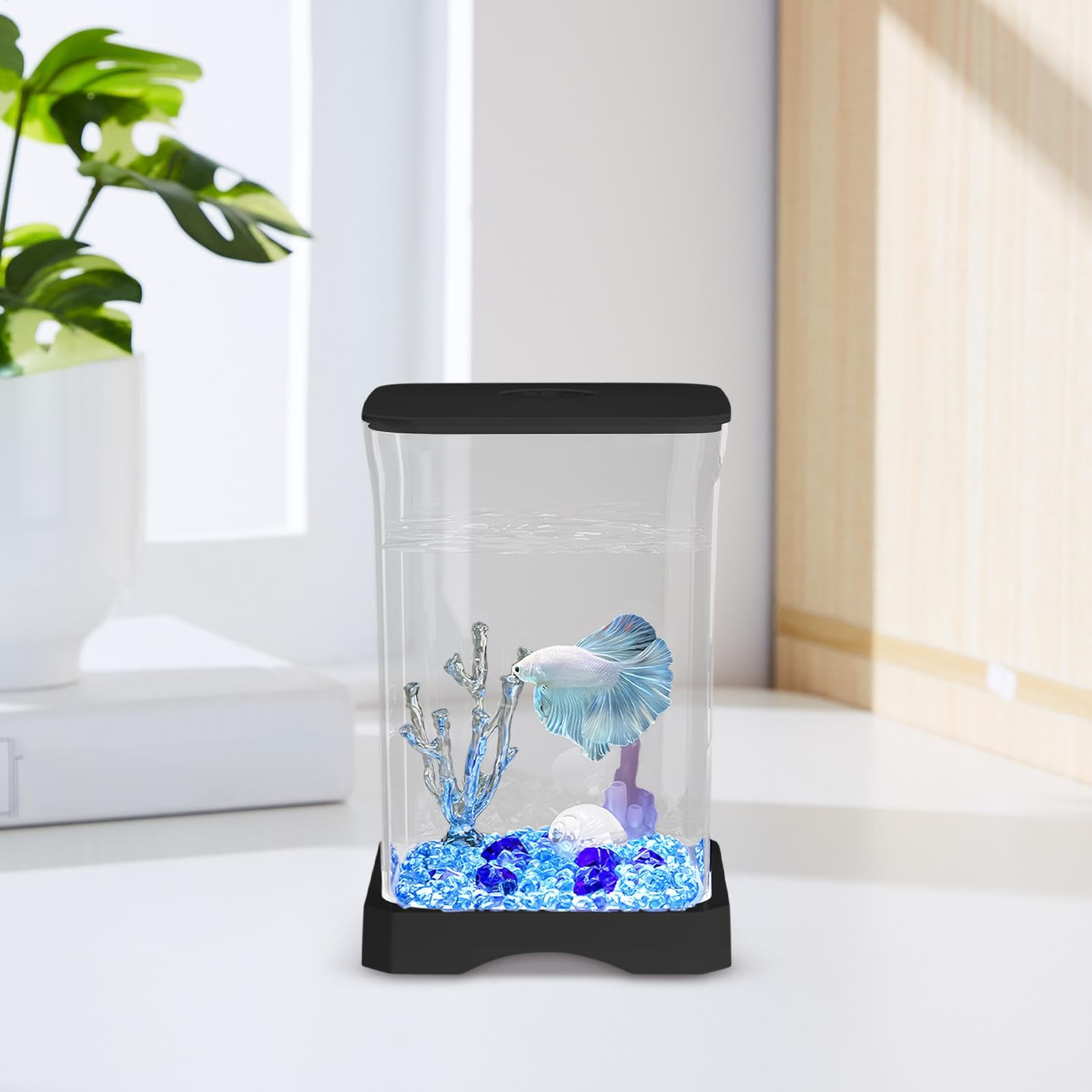 Pecera Pequeña Para Peces Betta - Con Luz LED, 11.8x11.8x17.7 Cm, Ideal Para Escritorio O Cocina