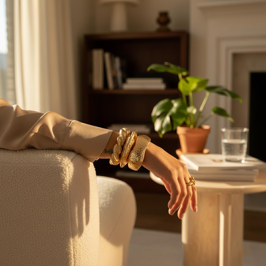 Boho Gold-Tone Cuff Bangle Bracelet Set for Women - Chunky Waterdrop Irregular Wide Stackable Minimalist Jewelry - Image 4