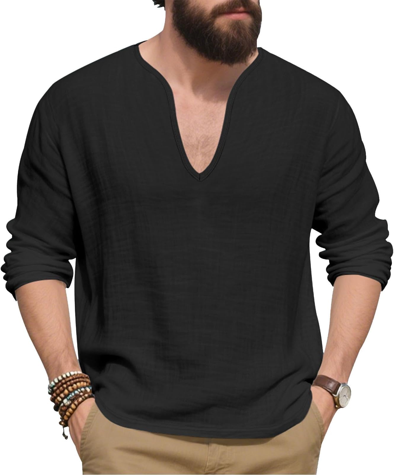 V Neck Pullover Shirts for Men Plus Size Long Sleeve Baggy Solid Color Tshirts Blouses Tops