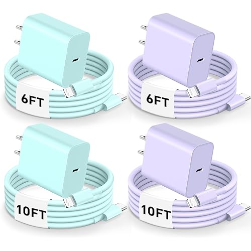 Compatible with i Phone 14 13 Charger, 4 Pack 20W USB C Fast Charger Block with 6/10FT Fast Charging USB C to Lightniing Cable for i Phone 14/13/12/11 Pro Max/Xs Max/XR/X,Ipad - Purple Green