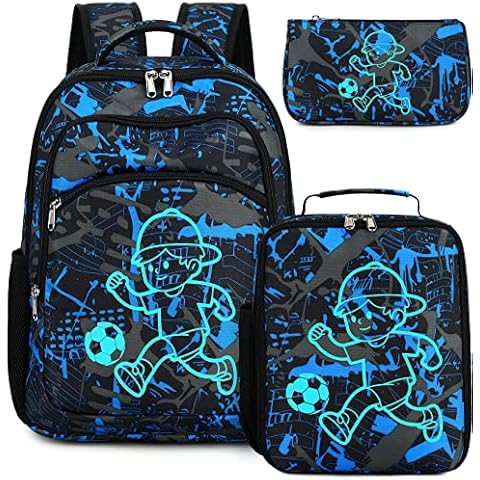 Kids Backpack for School Boys Girls Space Preschool Bookbag with Lunch Box Pencil Case Set Elementary Kindergarten School Bag, Football Boy-Graffiti Cover