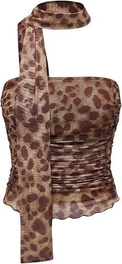Milumia Women's Cheetah Print Halter Top Y2k Mesh Tube Top Going Out Tops